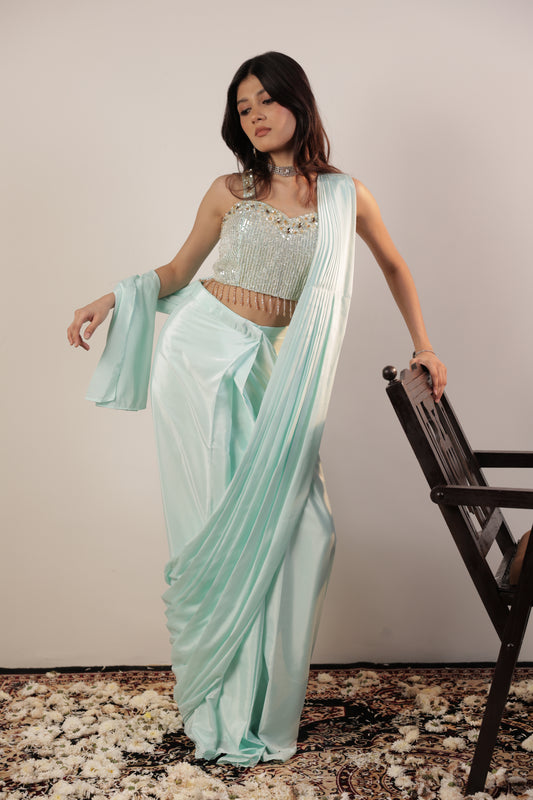 Mint Crystal Hand-Embroidered Saree