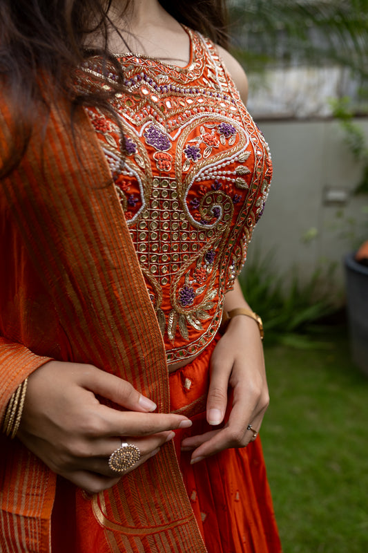 Saffron Flame Banarasi Lehenga
