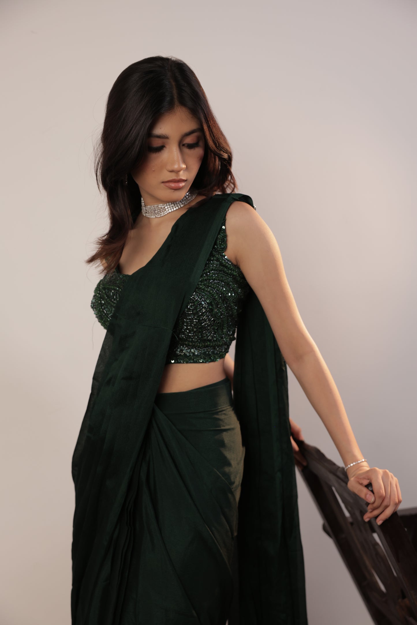 Emerald Luxe Hand-Embroidered Saree