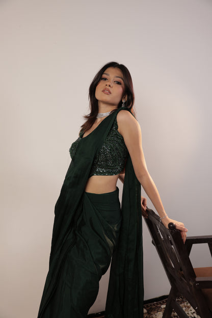 Emerald Luxe Hand-Embroidered Saree