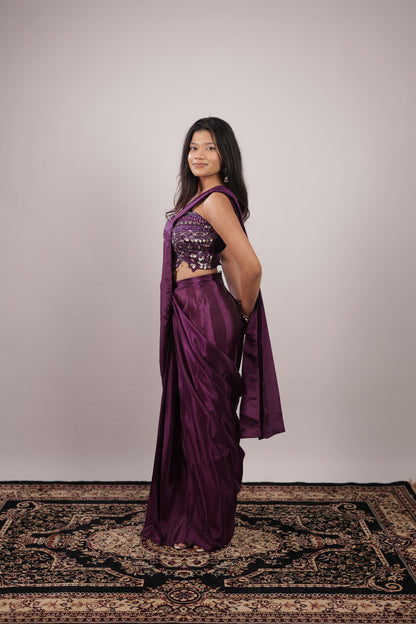 Velvet Plum Sequin Ready-to-Wear Saree