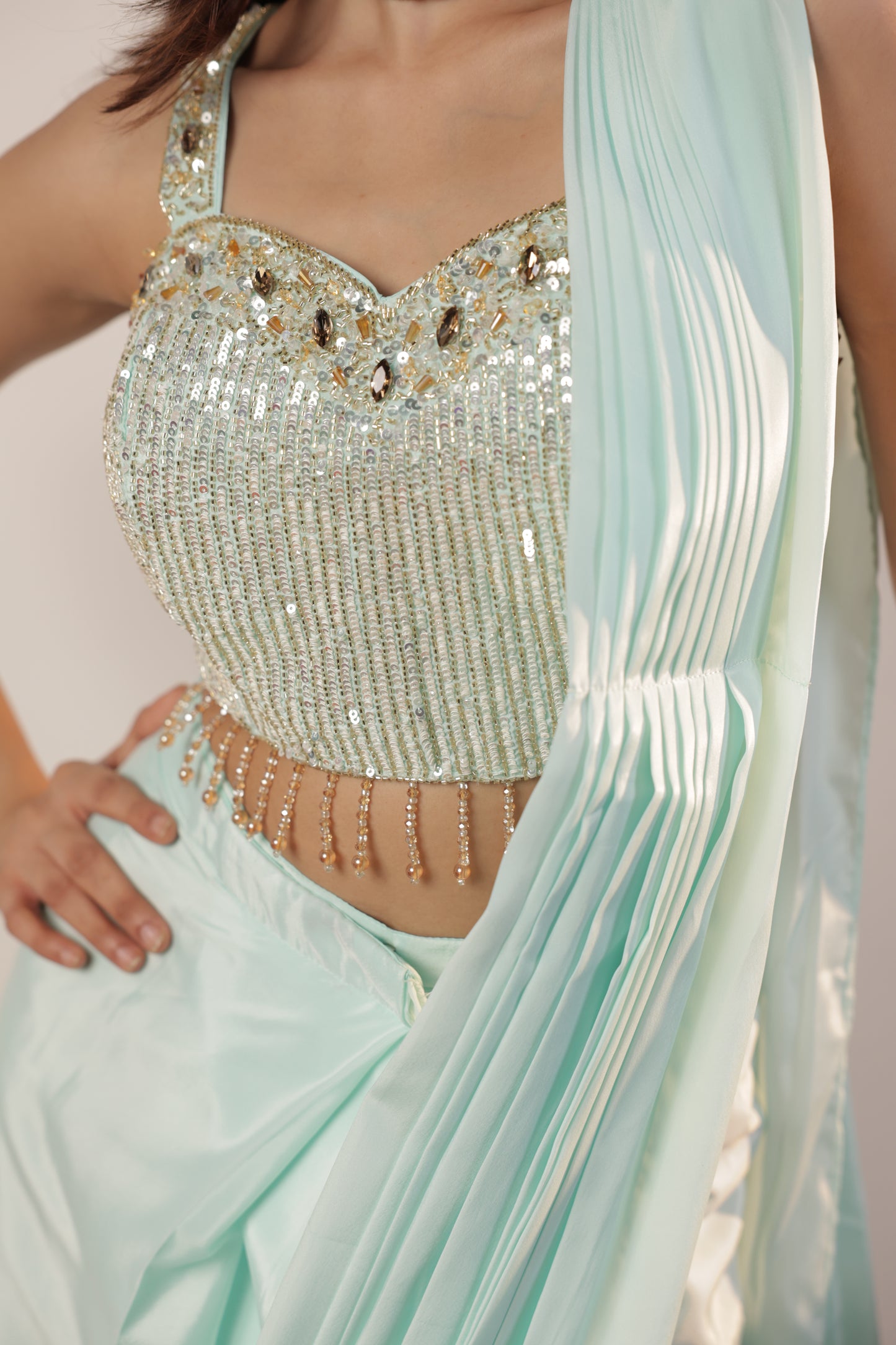 Mint Crystal Hand-Embroidered Saree