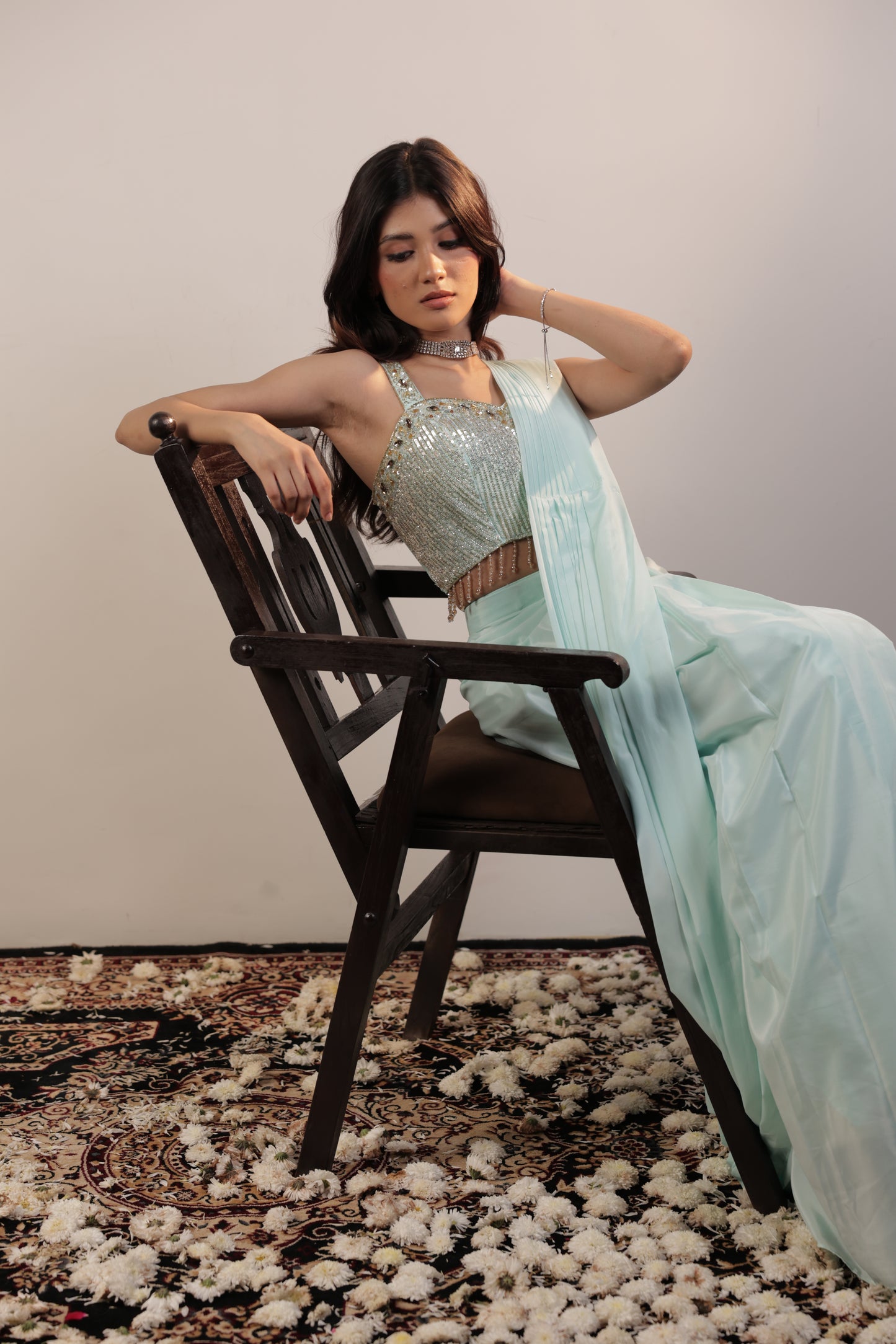 Mint Crystal Hand-Embroidered Saree