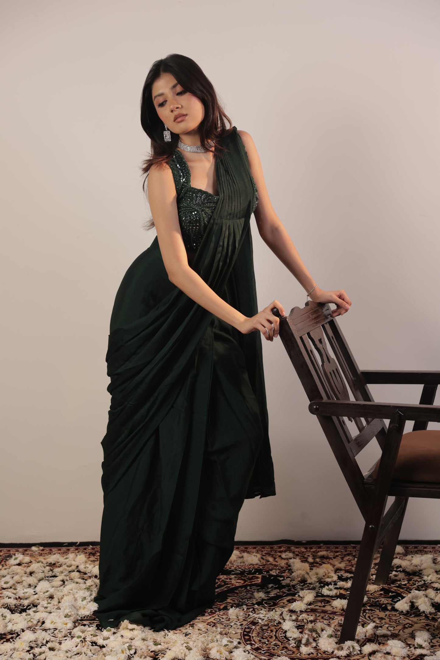 Emerald Luxe Hand-Embroidered Saree