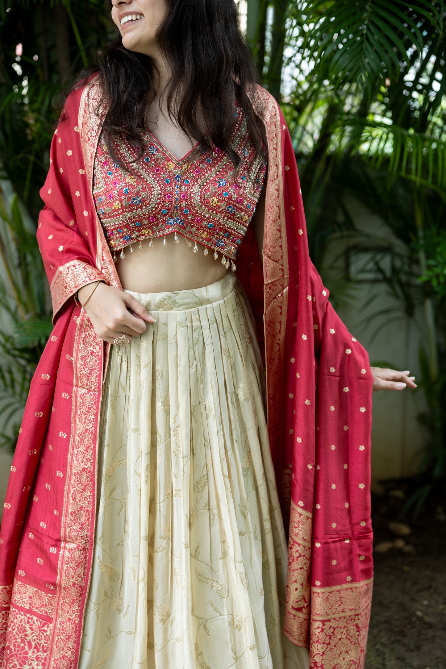 Gulnaar Cream & Rouge Lehenga Set