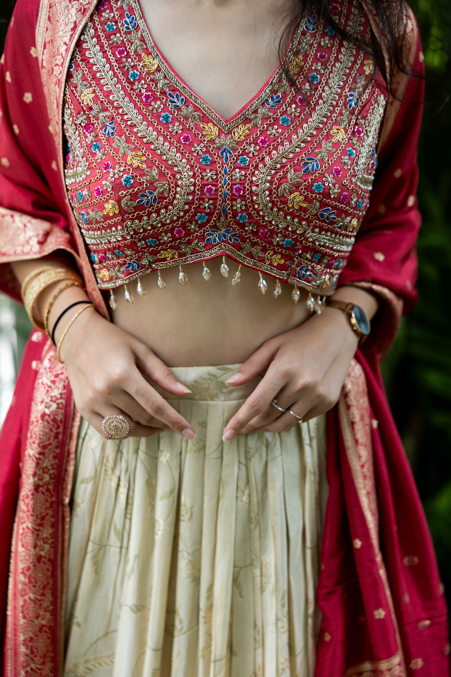 Gulnaar Cream & Rouge Lehenga Set