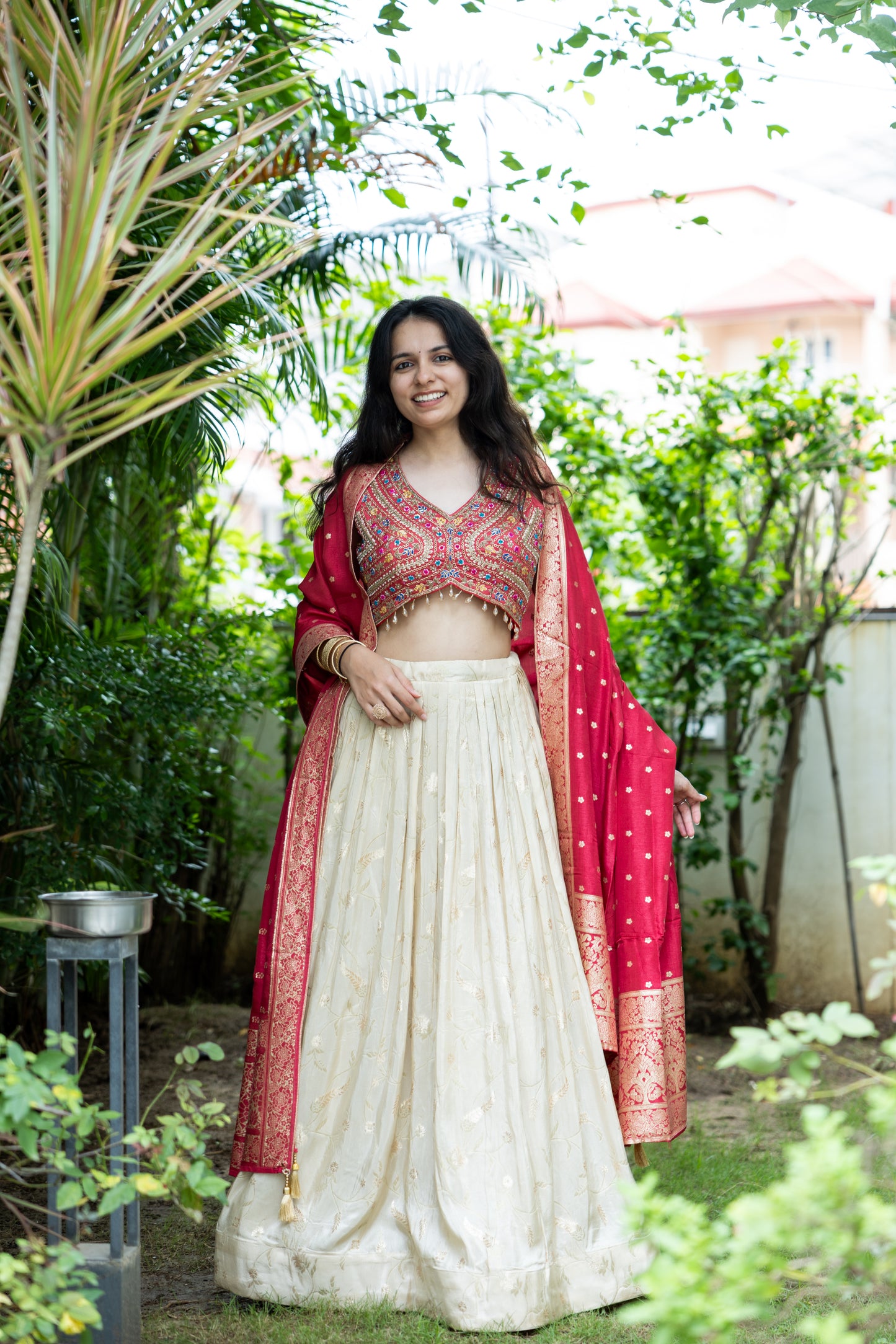 Gulnaar Cream & Rouge Lehenga Set