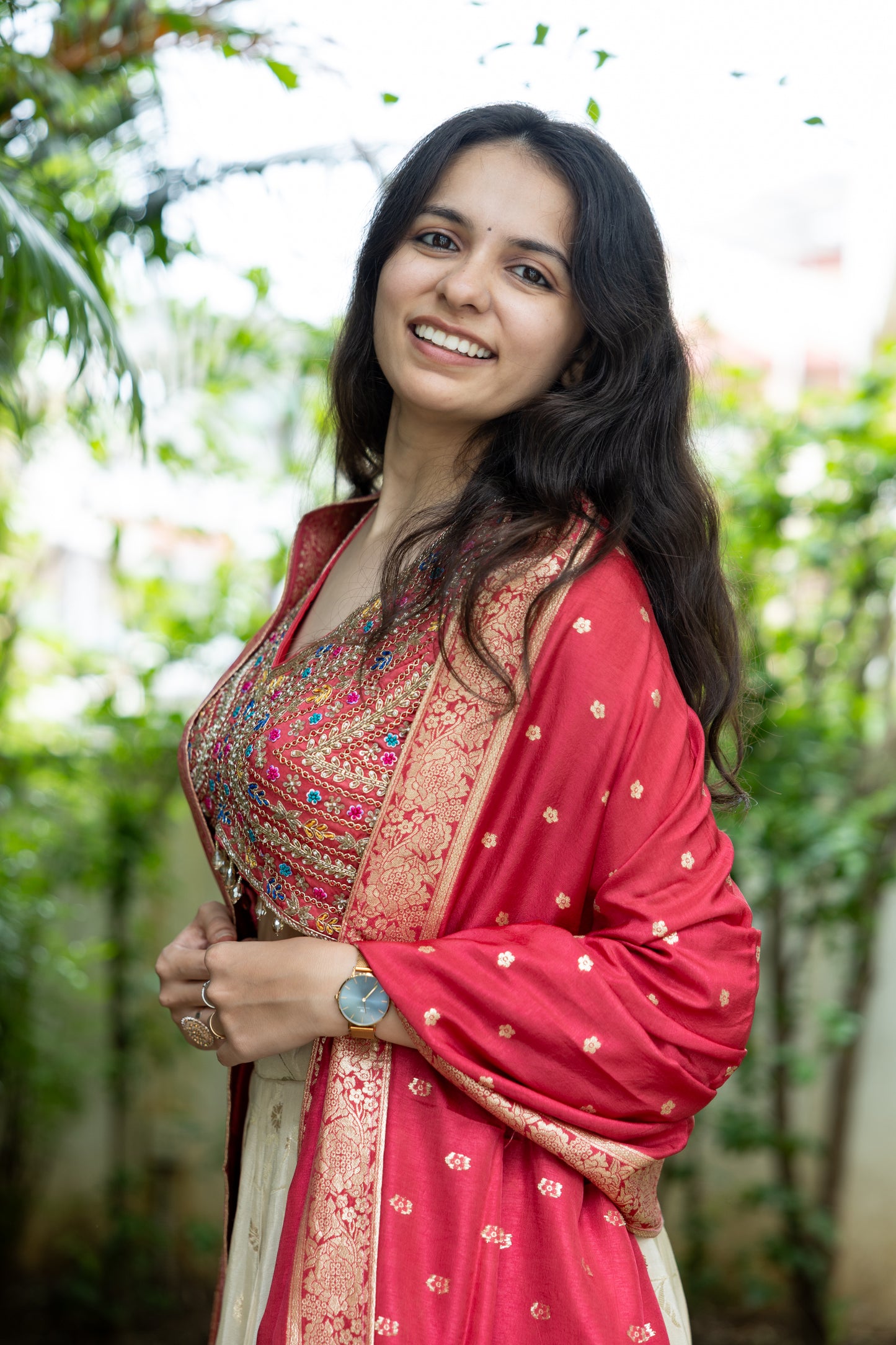 Gulnaar Cream & Rouge Lehenga Set