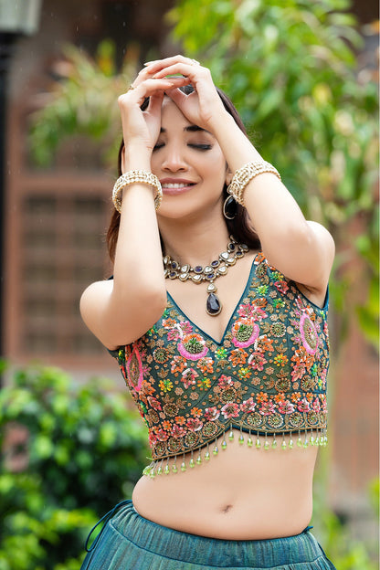 Teal Floral Embroidered Lehnga Set