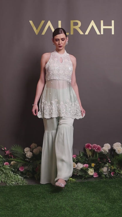 Mint Green Embroidered Peplum Top with Palazzo Pants